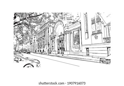 Building view with landmark of Buenos Aires is the
capital of Argentina. Hand drawn sketch illustration in vector.