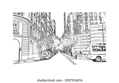 Building view with landmark of Buenos Aires is the
capital of Argentina. Hand drawn sketch illustration in vector.