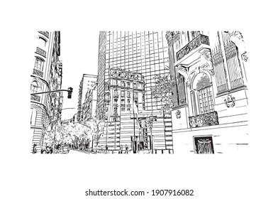 Building view with landmark of Buenos Aires is the
capital of Argentina. Hand drawn sketch illustration in vector.