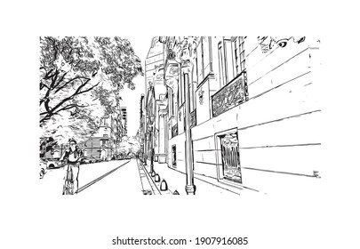 Building view with landmark of Buenos Aires is the
capital of Argentina. Hand drawn sketch illustration in vector.