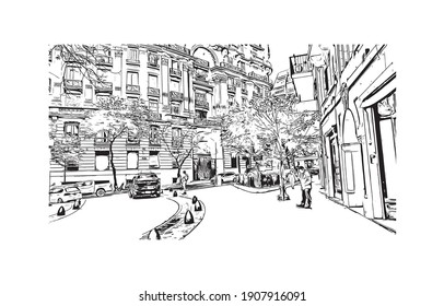 Building view with landmark of Buenos Aires is the
capital of Argentina. Hand drawn sketch illustration in vector.