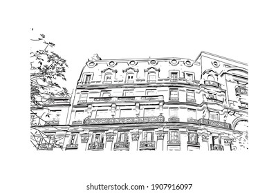 Building view with landmark of Buenos Aires is the
capital of Argentina. Hand drawn sketch illustration in vector.