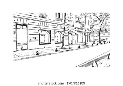 Building view with landmark of Buenos Aires is the
capital of Argentina. Hand drawn sketch illustration in vector.