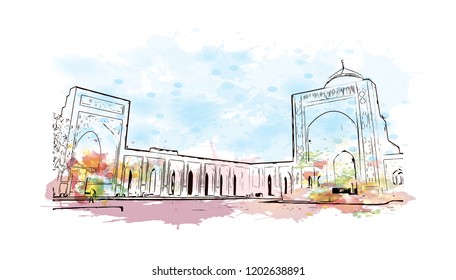 Building view with landmark of Bukhara is an ancient city in the central Asian country of Uzbekistan. Watercolor splash with Hand drawn sketch illustration in vector.