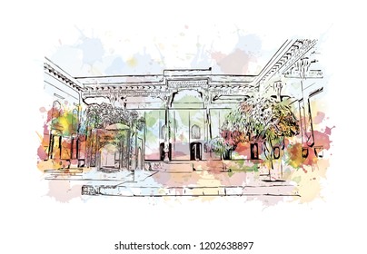 Building view with landmark of Bukhara is an ancient city in the central Asian country of Uzbekistan. Watercolor splash with Hand drawn sketch illustration in vector.