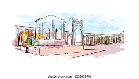 Building view with landmark of Bukhara is an ancient city in the central Asian country of Uzbekistan. Watercolor splash with Hand drawn sketch illustration in vector.