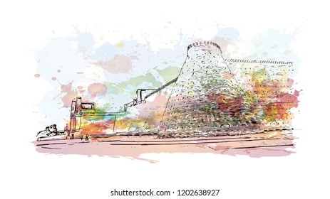 Building view with landmark of Bukhara is an ancient city in the central Asian country of Uzbekistan. Watercolor splash with Hand drawn sketch illustration in vector.