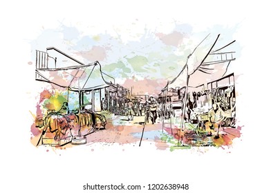 Building view with landmark of Bukhara is an ancient city in the central Asian country of Uzbekistan. Watercolor splash with Hand drawn sketch illustration in vector.