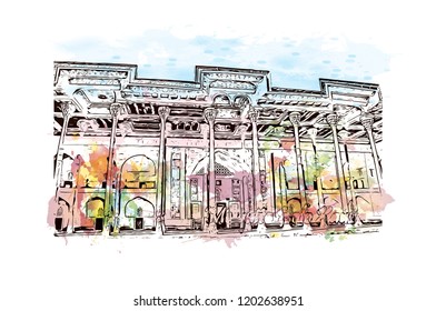 Building view with landmark of Bukhara is an ancient city in the central Asian country of Uzbekistan. Watercolor splash with Hand drawn sketch illustration in vector.
