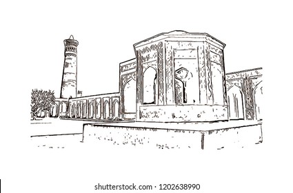 Building view with landmark of Bukhara is an ancient city in the central Asian country of Uzbekistan. Hand drawn sketch illustration in vector.