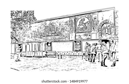Building view with landmark of Bulgaria. i "Monasteri. Hand drawn sketch illustration in vector.