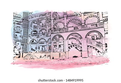 Building view with landmark of Bulgaria. i "Monasteri. Watercolor splash with Hand drawn sketch illustration in vector.