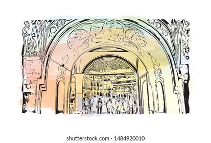 Building view with landmark of Bulgaria. i "Monasteri. Watercolor splash with Hand drawn sketch illustration in vector.