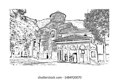 Building view with landmark of Bulgaria. i "Monasteri. Hand drawn sketch illustration in vector.