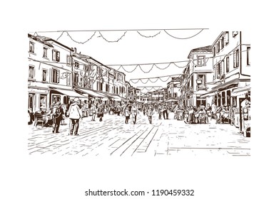 Building view with landmark of Burano Island in Italy. Hand drawn sketch illustration in vector.