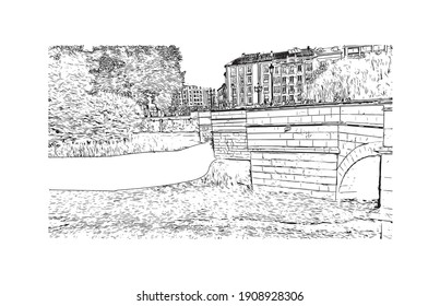 Building view with landmark of Burgos is the
city in Spain. Hand drawn sketch illustration in vector.