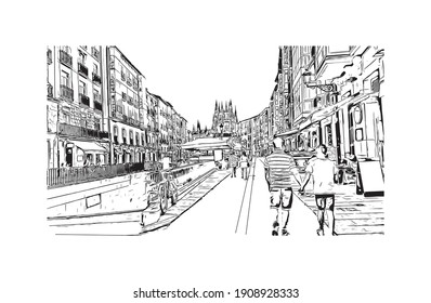 Building view with landmark of Burgos is the
city in Spain. Hand drawn sketch illustration in vector.