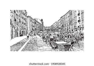 Building view with landmark of Burgos is the
city in Spain. Hand drawn sketch illustration in vector.