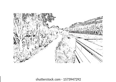 Building view with landmark of Burgos, a provincial capital in Spain. Hand drawn sketch illustration in vector.