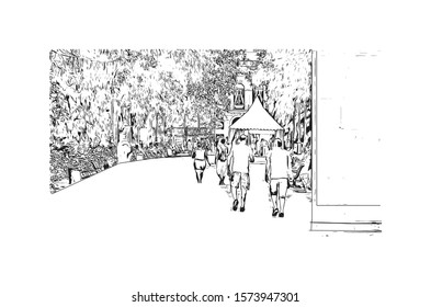 Building view with landmark of Burgos, a provincial capital in Spain. Hand drawn sketch illustration in vector.