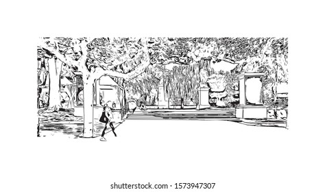 Building view with landmark of Burgos, a provincial capital in Spain. Hand drawn sketch illustration in vector.