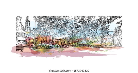 Building view with landmark of Burgos, a provincial capital in Spain. Watercolor splash with Hand drawn sketch illustration in vector.