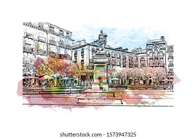 Building view with landmark of Burgos, a provincial capital in Spain. Watercolor splash with Hand drawn sketch illustration in vector.