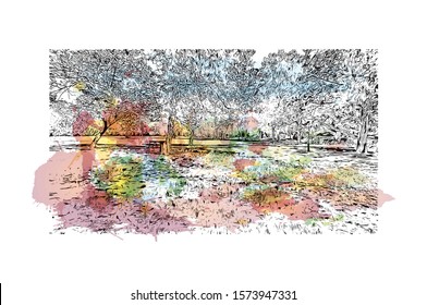 Building view with landmark of Burgos, a provincial capital in Spain. Watercolor splash with Hand drawn sketch illustration in vector.