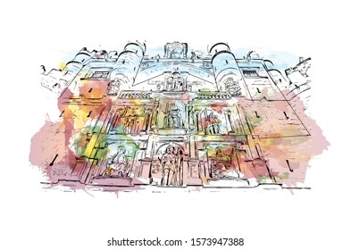 Building view with landmark of Burgos, a provincial capital in Spain. Watercolor splash with Hand drawn sketch illustration in vector.