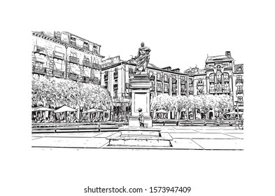Building view with landmark of Burgos, a provincial capital in Spain. Hand drawn sketch illustration in vector.
