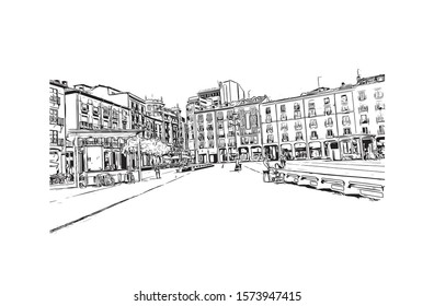 Building view with landmark of Burgos, a provincial capital in Spain. Hand drawn sketch illustration in vector.