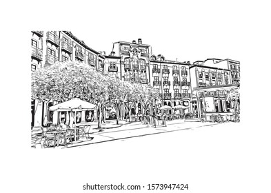 Building view with landmark of Burgos, a provincial capital in Spain. Hand drawn sketch illustration in vector.