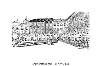 Building view with landmark of Burgos, a provincial capital in Spain. Hand drawn sketch illustration in vector.