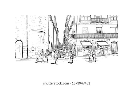 Building view with landmark of Burgos, a provincial capital in Spain. Hand drawn sketch illustration in vector.