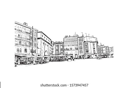 Building view with landmark of Burgos, a provincial capital in Spain. Hand drawn sketch illustration in vector.