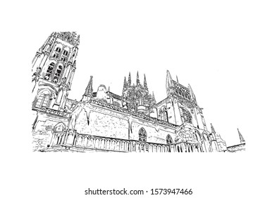 Building view with landmark of Burgos, a provincial capital in Spain. Hand drawn sketch illustration in vector.