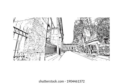 Building view with landmark of Bursa is the
city in Turkey. Hand drawn sketch illustration in vector.