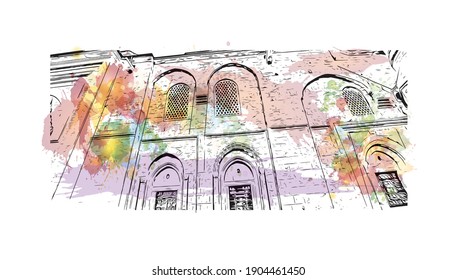 Building view with landmark of Bursa is the
city in Turkey. Watercolor splash with hand drawn sketch illustration in vector.