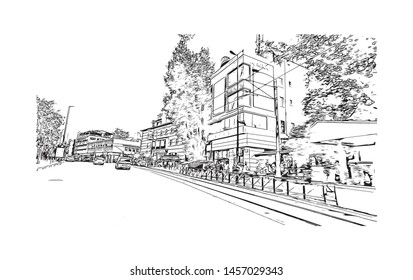 Building view with landmark of Bursa is a large city in northwest Turkey. Hand drawn sketch illustration in vector.