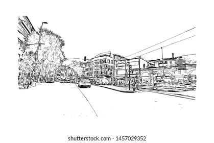 Building view with landmark of Bursa is a large city in northwest Turkey. Hand drawn sketch illustration in vector.