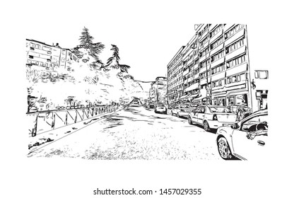 Building view with landmark of Bursa is a large city in northwest Turkey. Hand drawn sketch illustration in vector.