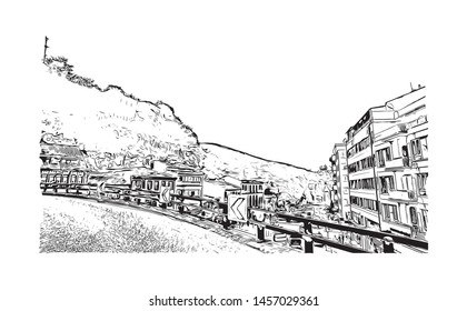 Building view with landmark of Bursa is a large city in northwest Turkey. Hand drawn sketch illustration in vector.