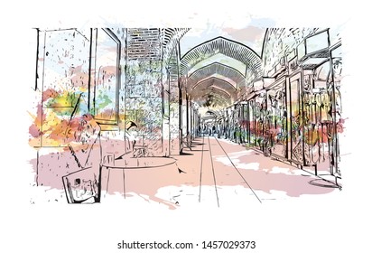 Building view with landmark of Bursa is a large city in northwest Turkey. Watercolor splash with Hand drawn sketch illustration in vector.