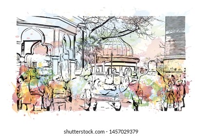 Building view with landmark of Bursa is a large city in northwest Turkey. Watercolor splash with Hand drawn sketch illustration in vector.