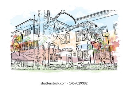 Building view with landmark of Bursa is a large city in northwest Turkey. Watercolor splash with Hand drawn sketch illustration in vector.