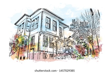 Building view with landmark of Bursa is a large city in northwest Turkey. Watercolor splash with Hand drawn sketch illustration in vector.