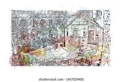 Building view with landmark of Bursa is a large city in northwest Turkey. Watercolor splash with Hand drawn sketch illustration in vector.