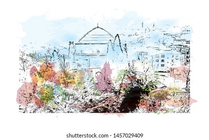 Building view with landmark of Bursa is a large city in northwest Turkey. Watercolor splash with Hand drawn sketch illustration in vector.