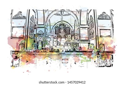 Building view with landmark of Bursa is a large city in northwest Turkey. Watercolor splash with Hand drawn sketch illustration in vector.