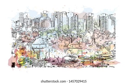 Building view with landmark of Bursa is a large city in northwest Turkey. Watercolor splash with Hand drawn sketch illustration in vector.